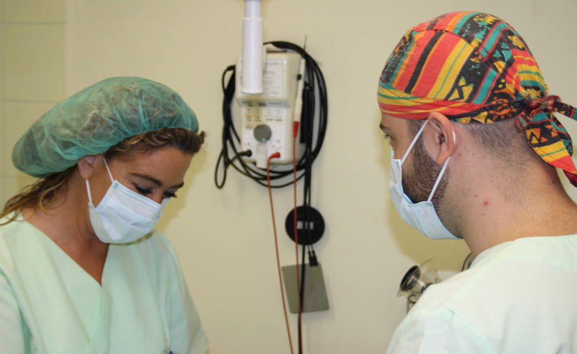 Ana y Javier realizando una intervención de cirugía en Veterinaria Villava